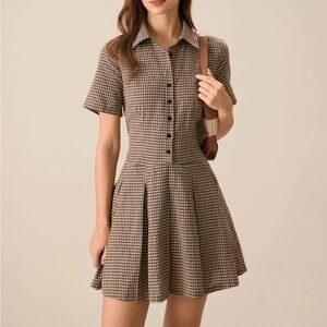 Rihoas Brown Plaid Lapel Pleated Mini Dress